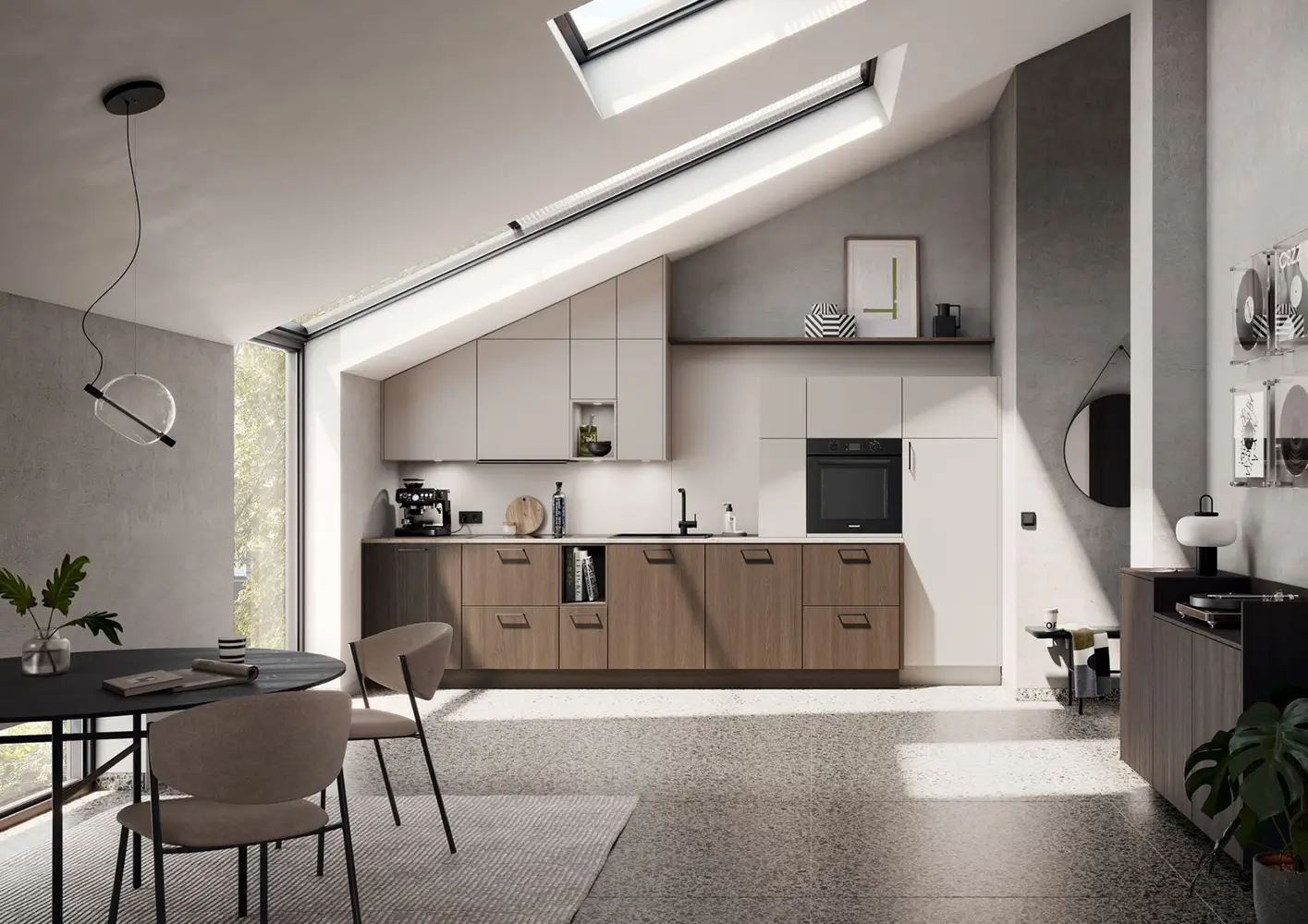 Cuisine contemporaine blanche et bois sous pente avec grandes fenêtres de toit.